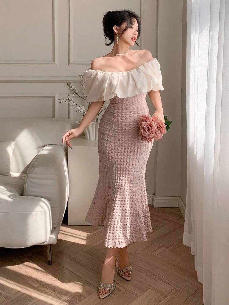 Color Blocking Off Shoulder Fitted Mermaid Hem Midi Dress For Women Elegant,Ruffle Cocktail Dress