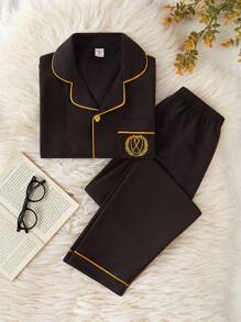 2pcs/Set Tween Boys' Casual Badge Embroidered Short Sleeve Top And Relaxed Fit Pants Lounge Set - Black - View 1