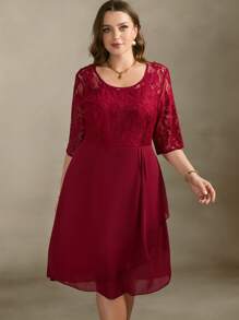 SHEIN Clasi Vestido rojo de talla grande elegante con parches de encaje, gasa con pliegues en la cintura y ajuste al Body, ideal para el Día de San Valentín y la primavera