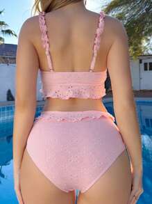 Swim Mod Springbreak Women's Beach Resort Textured Fabric Simple Sweet Cute Ruffle High Waist Bikini 2 Pieces Swimwear Set, Festival Boho - Pink - View 3