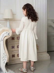 Young Girls Ramadan Collection V-Neck Flared Long Sleeve A-Line Dress With Elastic Waist, Digital Print, For Spring/Summer - White - View 2