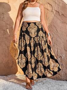 Breezaya Plus Size Women Floral Print Elastic Waist Pleated Asymmetric Fishtail Hem Mid-Length Skirt, Suitable For Vacation