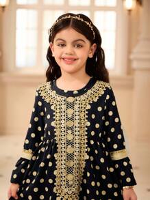 SHEIN Spring/Autumn Girls Modest Modest Elegant Print Floral Trim Long Sleeve Round Neck Dress - Black - View 3