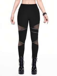 ROMWE Gothic Pentagram Zipper Decor Hollow Out Splice Women's Skinny Stretchy Leggings - Black - View 1