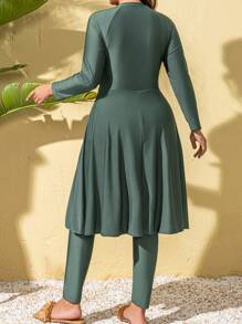 Swim Mulvari Plus Size Solid Color Front Zipper Long Sleeve Casual Top & Pants Burkini Set, For Summer Beach VacationArabic Clothing