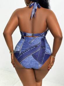 SHEIN Slayr CURVE Plus Size Casual Street Style Denim Effect Print Cut Out One-Piece Suit, For Summer Beach Vacation