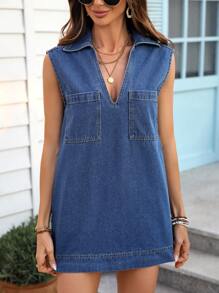 EMERY ROSE 女式有领口袋休闲无袖牛仔连衣裙 - 深色水洗藍 - 查看 6