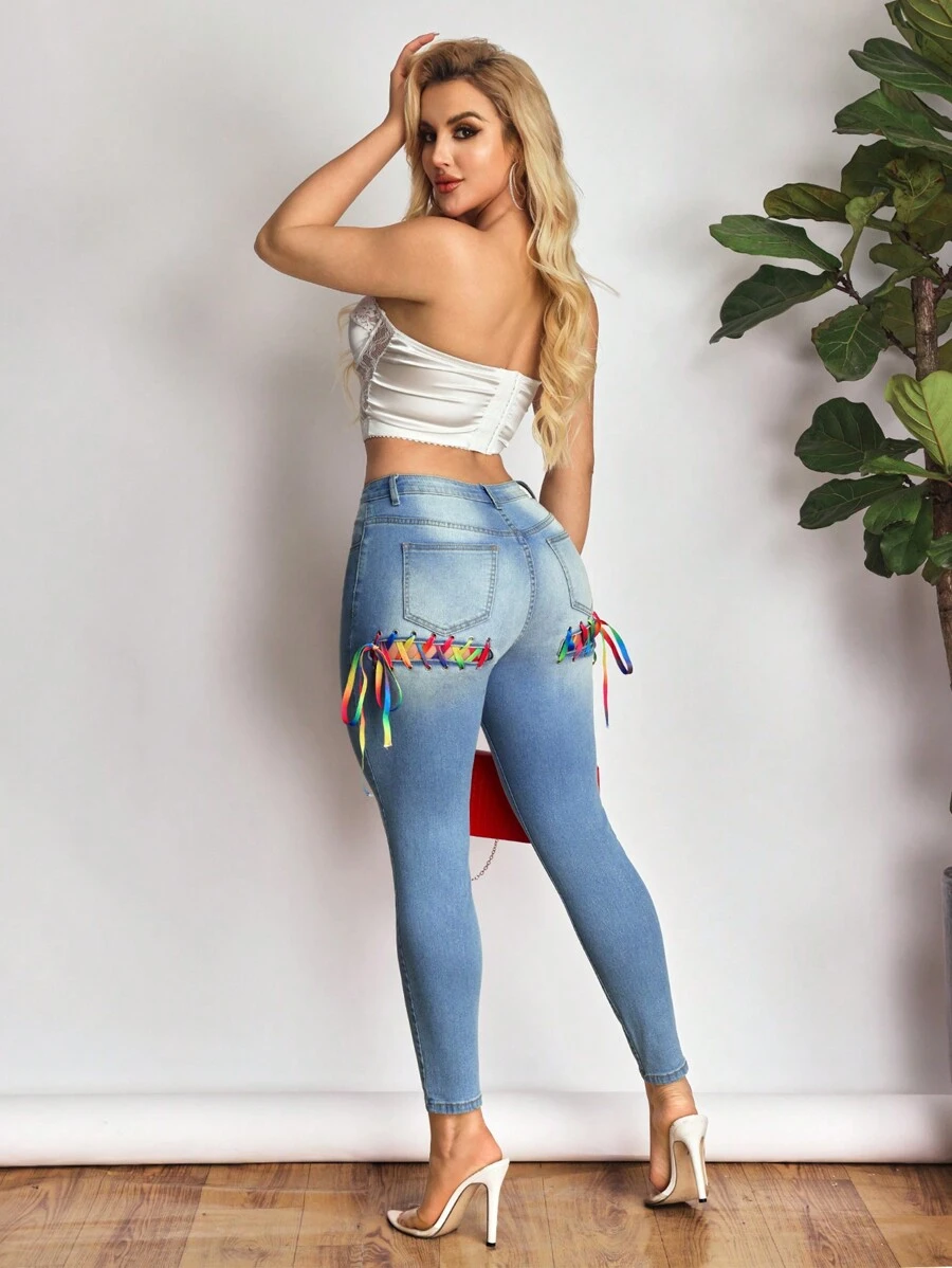 SHEIN SXY Women's Low Rise Slim Fit Stretchy Denim Jeans, Sexy Skinny Leg, Colorful Strap Belt, Summer - Blue - View 1