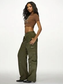Missguided x Playboy Military Cargo Pants Loose Fit Wide Leg Combat Trousers Streetwear Utility Festival Y2K Fashion Autumn Winter - Green - View 6
