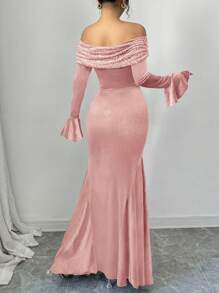 Modelyn Velvet Patchwork Splice Off Shoulder Fitted Dress For Women For New Year Clothes Fall Cloth For Women - Pink - View 2