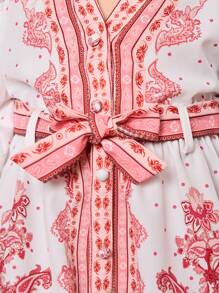 SHEIN 女婴夏季花卉印花长袖度假连衣裙 - 紅白色 - 查看 3