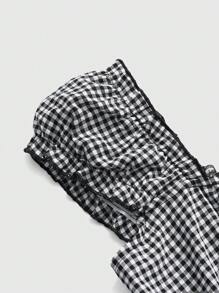 ROMWE Kawaii Spring|Summer Carnival Casual Plaid Girly Bowknot Decor Square Collar A-Line Plaid Babydoll Blouse - Black - View 3