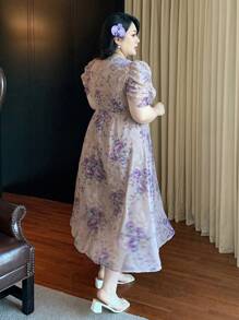 Dazy Plus Plus Size Purple Ditsy Floral V-Neck Puff Sleeve Dress, Soft And Romantic, Holiday & Beach Style, Spring/Summer Sundress