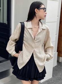 FRIFUL 女士杏色宽松条纹翻领衬衫，适合通勤和办公室穿着，春季亚麻长袖上衣 - 杏色 - 查看 4