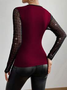 SHEIN Clasi Women's Elegant Round Neck Party Crystal Embellished Splice Long Sleeve T-Shirt, Autumn/Winter