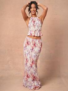 L'Amorae 夏季女士，粉色和白色花卉印花褶皱长裙，简约时尚日常休闲，女士半身裙，长裙。适合约会之夜、音乐会、演出、派对、俱乐部、晚会、音乐节、度假 - 彩色 - 查看 5