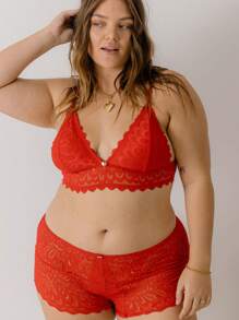 Aralina Curve Valentine Heart Red Love All Over Lace Lingerie Bralette And Boyleg Knicker Two Pieces Set - Red - View 1