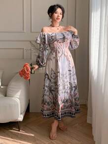 DAZY Beige Floral Print Off Shoulder Full Flare Dress For Women,Long Sleeve Ruffle Hem Self Tie Waist Autumn Boho Holiday Tea Party Vacation Outfits - White - View 1