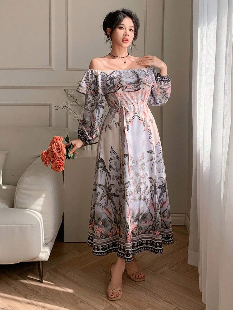 Print Contrast Color Floral Print Full Flare Dress With Off Shoulder Ruffle Hem And Self Tie Waist For Women,Fall Dress Long Sleeve Dress Boho