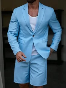 Manfinity Mode Men's Casual Solid Color Jacket And Shorts Suit Set - Baby Blue - View 1