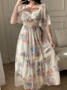 DAZY 女士中长款碎花连衣裙，春夏优雅，挤奶女工连衣裙