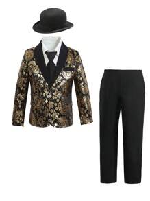 SHEIN 2pcs Young Boys Gentleman Fashion Set: 1 Black Base Gold Foil Print Long Sleeve Blazer Jacket With Minimalist Lapel Design And Decorative Faux Pockets, 1 Elastic Waist Formal Suit Pants. Elegant And Noble Style Suitable For Birthday Party, Ceremony, Wedding, Wedding Guest, Ring Bearer, Page Boy - Black - View 8