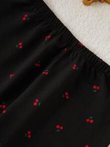 时尚女童荷叶边领泡泡褶皱樱桃印花睡衣套装 - 黑色 - 查看 6