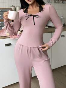 Valentine's Day 2pcs Lace Trim Tie-Up Sweet Y2K Style Women Pajama Set