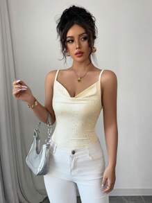 Chiquease Débardeur élégant et sexy pour femmes avec bretelles fines, col en V plongeant, style ajusté, en tissu de maille transparente couleur champagne avec des strass scintillants. Convient pour les sorties et les vacances, printemps/été - Nude - Voir 3