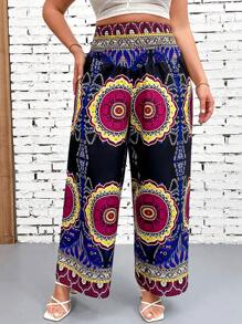 Breezaya Pantalones anchos vintage elegantes de talla grande para ir al trabajo, de cintura elástica, con estampado floral retro, adecuados para primavera, verano y otoño