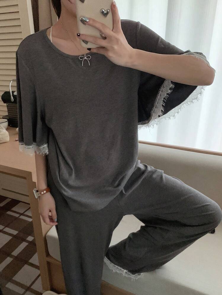 Simple Contrast Color Lace Patchwork Ruffle Sleeve Ladies Pajamas Set