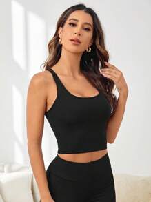 Easithlete Áo ba lỗ thể thao chéo lưng đi chơi hàng đầu Áo ba lỗ tập luyện Áo sơ mi vừa vặn - màu đen - Xem 5