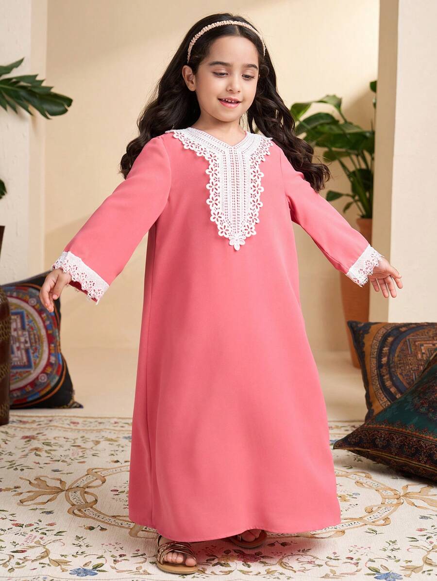 Young Girl Solid Color Patchwork V-Neck Long Sleeve Simple Casual Dress - Pink - View 1