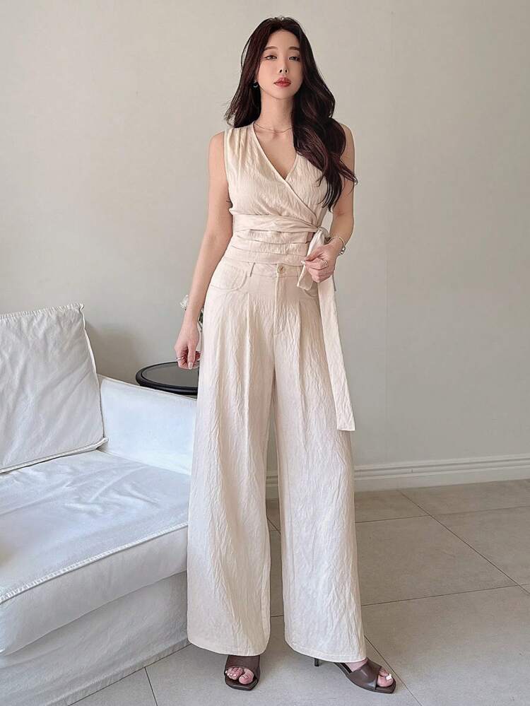 2pcs Set Women Solid Color V-Neck Twist Front Tie Cami Top & Wide Leg Pants