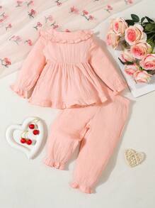 2 件装女婴粉色睡衣套装，可爱优雅休闲荷叶边领披肩长袖裤子家居服 - 粉色 - 查看 2