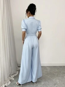 Breezaya French Elegant Elegant Versatile Collared Button Puff Sleeve Cinched Waist Wide Leg Jumpsuit, Blue, Spring/Summer - Baby Blue - View 2