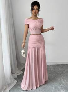 Elenzga 2 món/Bộ trang phục thường ngày đơn giản bó sát màu trơn cho nữ và váy - Hồng - Xem 6