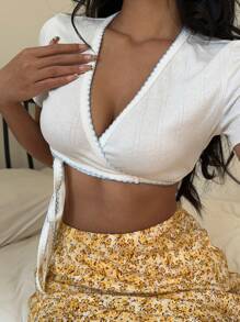 Sunnyshic White Tie Front Saw Tooth Trim Cropped Tee Shirt For Women - White - View 5