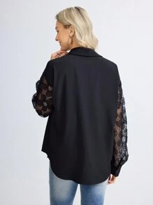 Miaspire Women's Floral Mesh Patchwork Long Sleeve Single-Breasted Shirt - Black - View 2