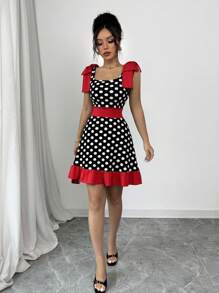 Rafferiza Women Square Neck Sleeveless Polka Dot Bowknot Dress, Minimalist Design - Black - View 5