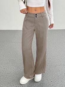 SHEIN Unity Women's Striped Flare Casual/Work Loose Fit Long Pants Fall Cloth For Women - Khaki - View 4
