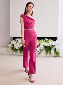 MOTF PREMIUM STEREO FLORAL ONE SHOULDER JUMPSUIT - Hot Pink - View 3