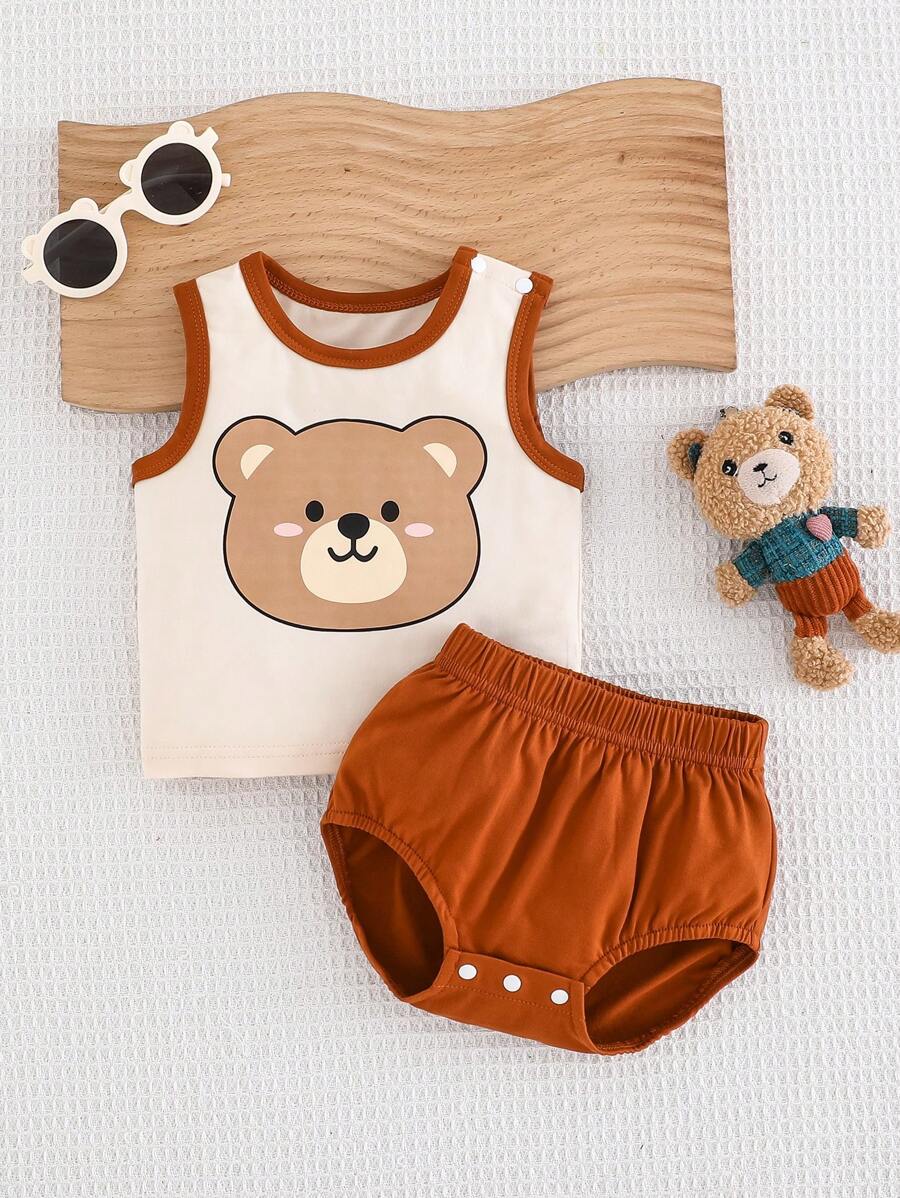 SHEIN Newborn Baby Contrast Color Splicing Cartoon Print Sleeveless Top And Shorts Set