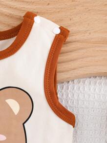 SHEIN Newborn Baby Contrast Color Splicing Cartoon Print Sleeveless Top And Shorts Set