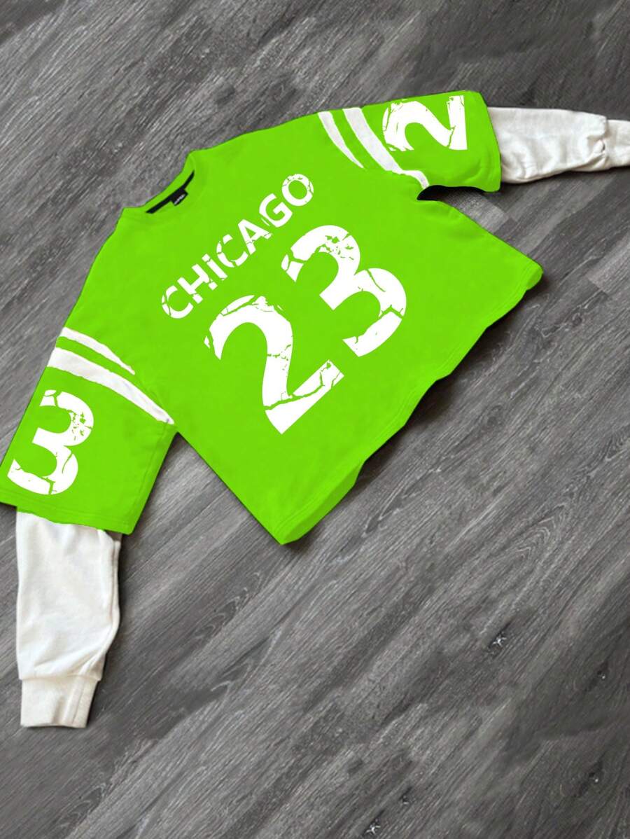 Manfinity Campus Court Sudadera casual de hombre con cuello redondo, manga larga, de unicolor con parches y estampado - Verde - Ver 1