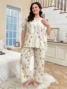CottageSlumber Plus Size Lace Patchwork V-Neck Floral Print Pajama Set - Apricot - View 6