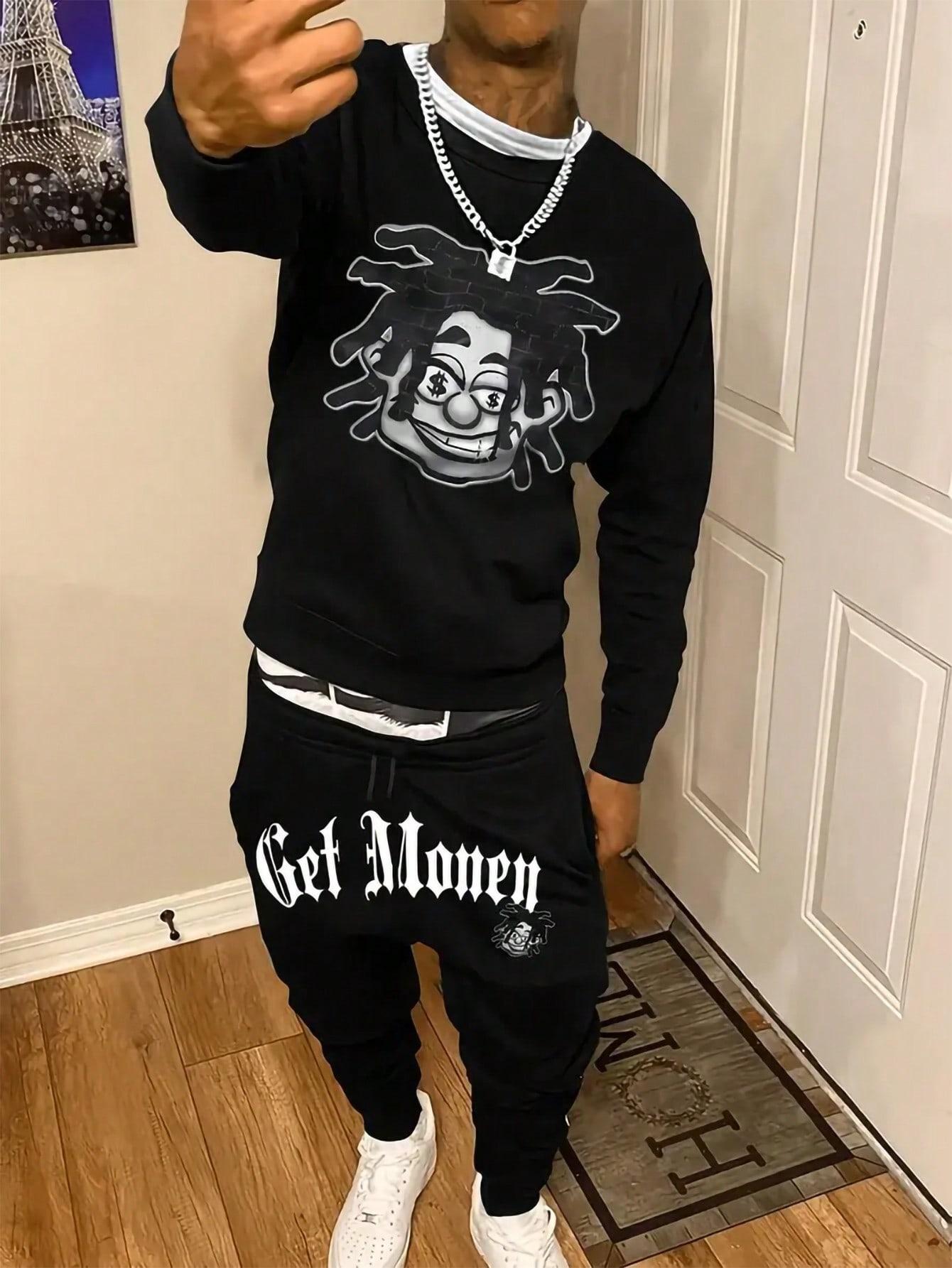 Manfinity Dauomo Men's Casual Printed Sportswear Sweater And Pants Set, Regular Fit