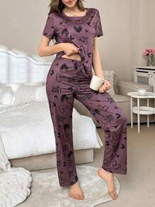 Heart & Letter Print Casual Short Sleeve Top & Pants Pajamas Set - Multicolor - View 4