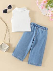 Conjunto de top de tirantes con cuello y pantalones con estampado floral para bebé niña - Blanco - Ver 2
