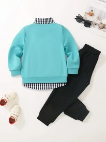 SHEIN 2 件装年轻男孩可爱休闲黄色刺绣运动衫和黑色裤子舒适服装，春季 - 薄荷綠 - 查看 2